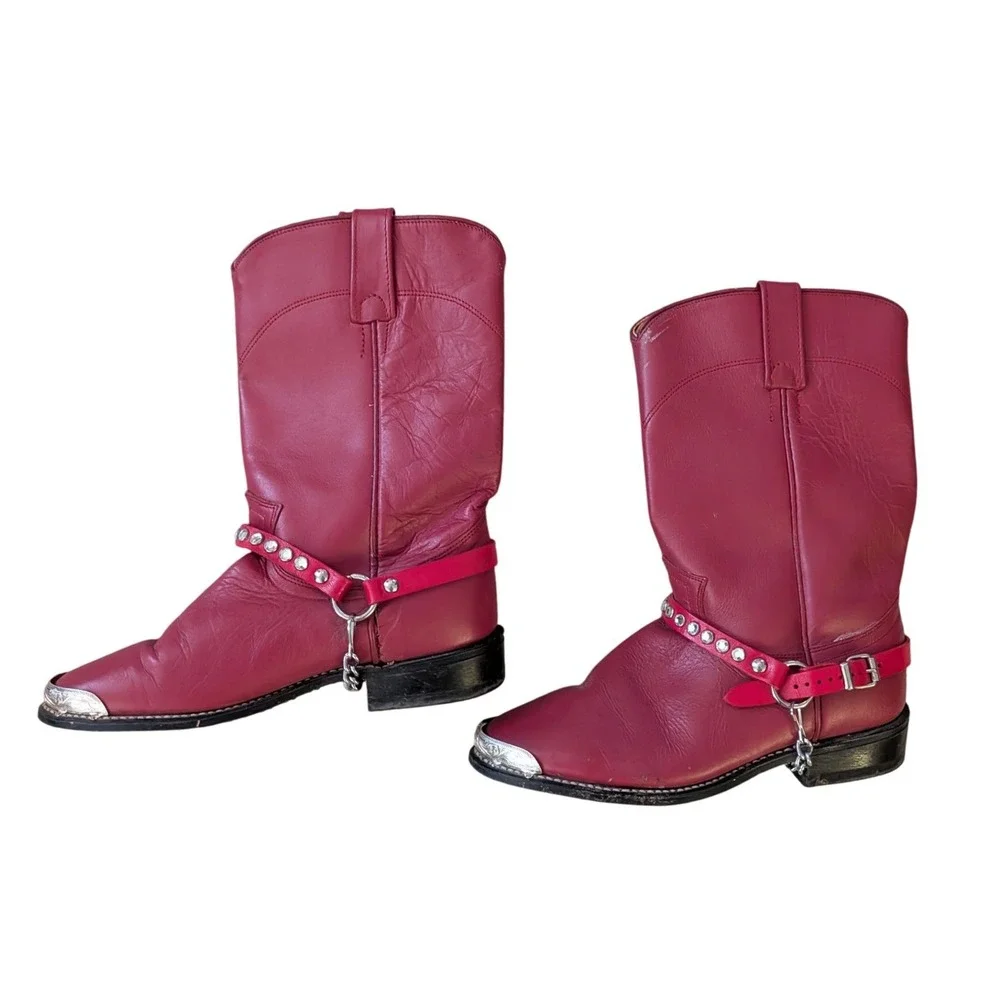 Vintage Red Leather Cowboy Boots Silver Metal Toe Studded Chains-‎ Womens 6.5